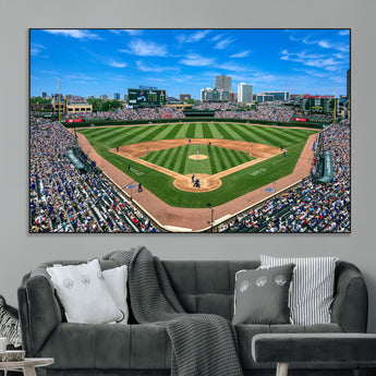 56213978-MGV-CV-36X24-Baseball Stadium Wall Art – Panoramic Ballpark Canvas Print with Fans, Green Field and City Skyline, Classic Sports Photography