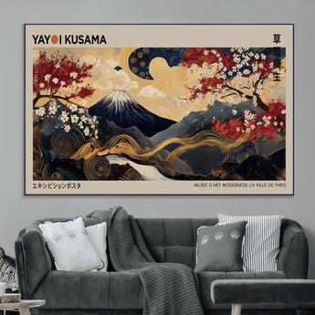66892669-MGV-CV-36X24-Yayoi Kusama Japanese Inspired Canvas Print – Mt. Fuji & Floral Scene Wall Art, Framed Asian Style Canvas for Home, Office or