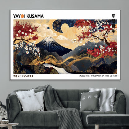 28945903-MGV-CV-36X24-Yayoi Kusama Inspired Japanese Art Canvas Print – Framed Floral & Mt. Fuji Wall Decor, Modern Asian Style Canvas for Home, Office,