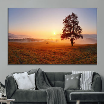 57919623-MGV-CV-36X24-Golden Sunrise Landscape Canvas Wall Art - Framed Misty Field Print, Large Nature Canvas for Living Room, Office, or Home Decor