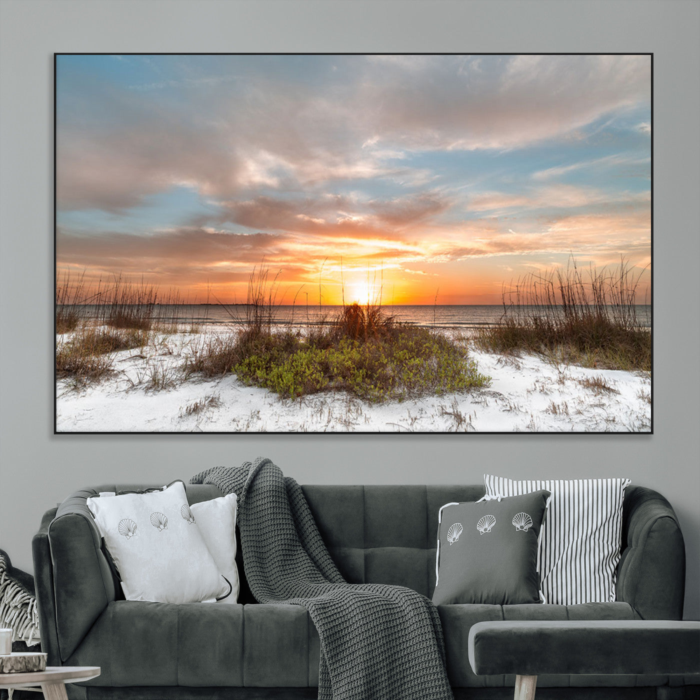 58266230-MGV-CV-36X24-Beach Sunset Wall Art – Coastal Canvas Print with Sandy Dunes, Sea Grass and Golden Sky, Serene Ocean Landscape Photography for