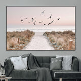 34632598-MGV-CV-36X24-Coastal Pathway Canvas Wall Art – Framed Seaside Landscape, Large Beach and Birds Canvas Print for Home, Office, or Living Room