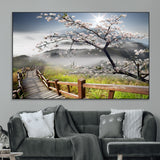 34632598CRY-MGV-CV-36X24-Cherry Blossom Wall Art – Scenic Asian Landscape Canvas Print with Wooden Walkway, Misty Mountains and Sunrise, Serene Nature