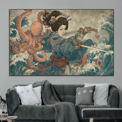 52037775-MGV-CV-36X24-Samurai Woman Wall Art – Japanese Ukiyo e Style Canvas Print with Katana, Ocean Waves and Octopus, Traditional Asian Inspired