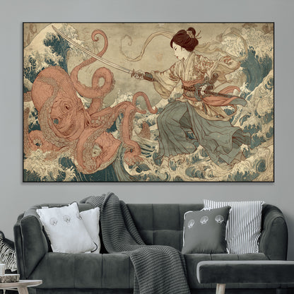 54879547-MGV-CV-36X24-Samurai Woman Wall Art – Japanese Ukiyo-e Style Canvas Print with Katana and Octopus, Traditional Asian Inspired Battle Artwork