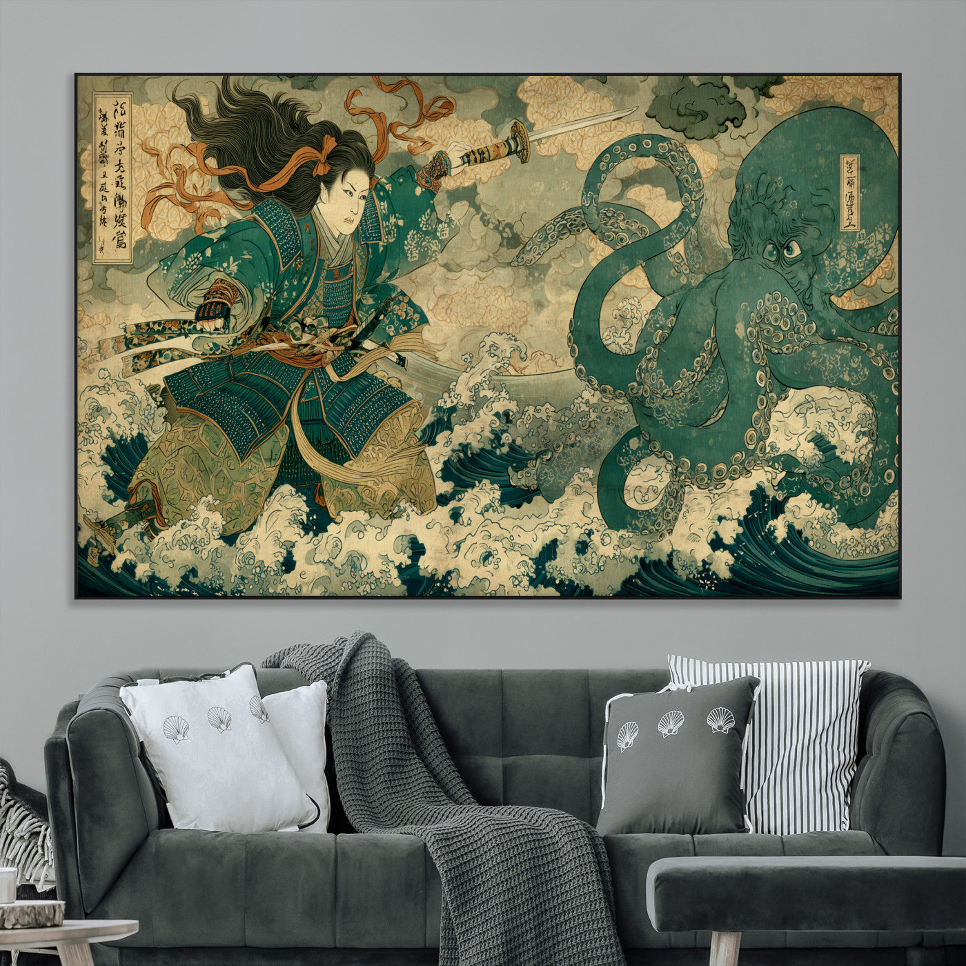 24416422-MGV-CV-36X24-Tsukioka Yoshitoshi Samurai Wall Art Print, Japanese Katana Warrior Canvas Wall Art, Octopus Sea Monster Canvas Print,