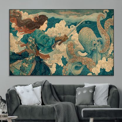 37943964-MGV-CV-36X24-Tsukioka Yoshitoshi Samurai Wall Art Print, Japanese Katana Warrior Canvas Wall Art, Octopus Sea Monster Canvas Print,