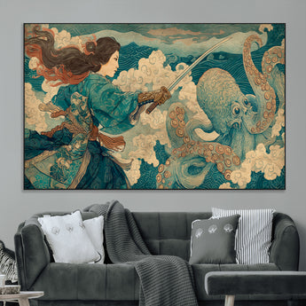 37943964-MGV-CV-36X24-Samurai Warrior vs Octopus Wall Art – Japanese Ukiyo-e Style Canvas Print, Ocean Battle Scene Artwork for Living Room, Office, Man