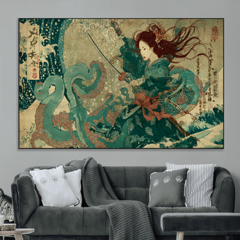 86918027-MGV-CV-36X24-Samurai Warrior vs Octopus Wall Art – Japanese Ukiyo-e Ocean Battle Canvas Print, Traditional Samurai Artwork for Living Room,