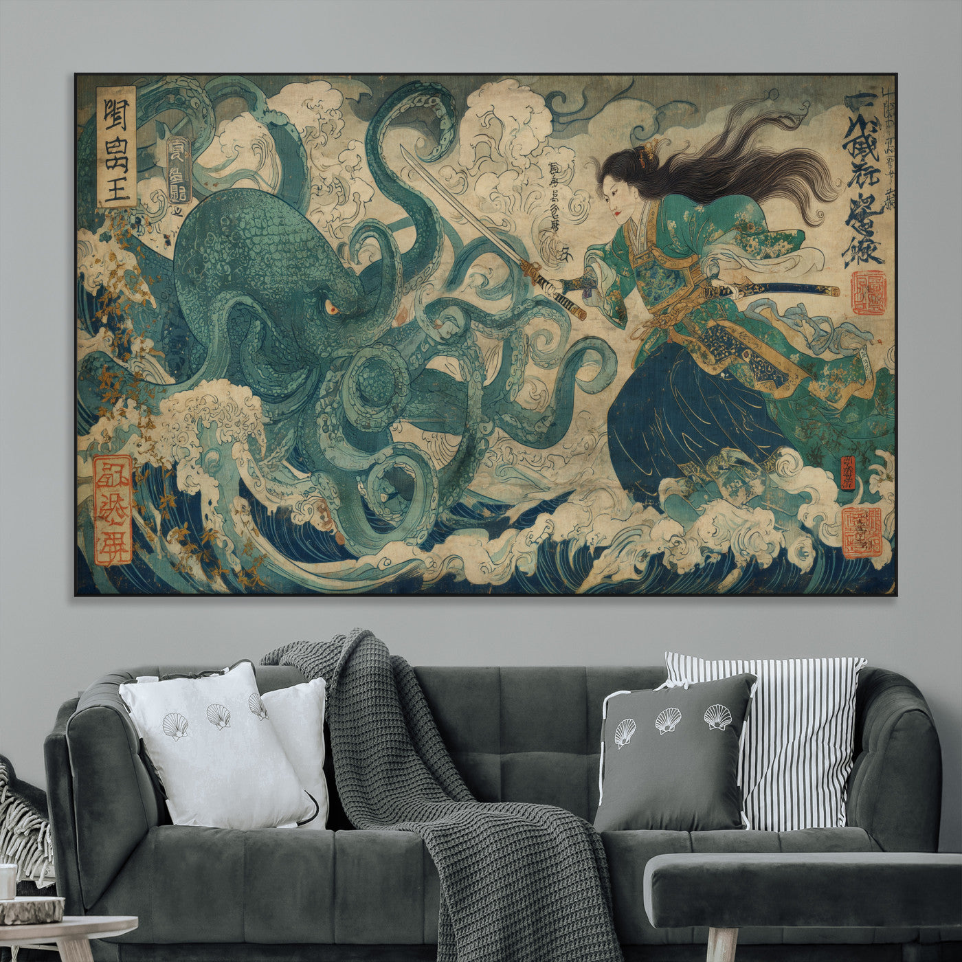 60346622-MGV-CV-36X24-Tsukioka Yoshitoshi Samurai Wall Art Print, Japanese Katana Warrior Canvas Wall Art, Octopus Sea Monster Canvas Print,