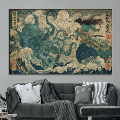 60346622-MGV-CV-36X24-Samurai Warrior vs Octopus Wall Art – Japanese Ukiyo-e Style Ocean Battle Canvas Print, Traditional Samurai Artwork for Living
