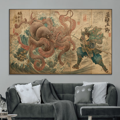 63782167-MGV-CV-36X24-Tsukioka Yoshitoshi Samurai Wall Art Print, Japanese Katana Warrior Canvas Wall Art, Octopus Sea Monster Canvas Print,