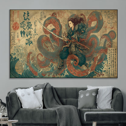 98593115-MGV-CV-36X24-Tsukioka Yoshitoshi Samurai Wall Art Print, Japanese Katana Warrior Canvas Wall Art, Octopus Sea Monster Canvas Print,
