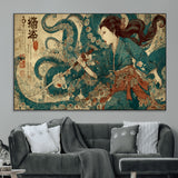 18575670-MGV-CV-36X24-Tsukioka Yoshitoshi Samurai Wall Art Print, Japanese Katana Warrior Canvas Wall Art, Octopus Sea Monster Canvas Print,