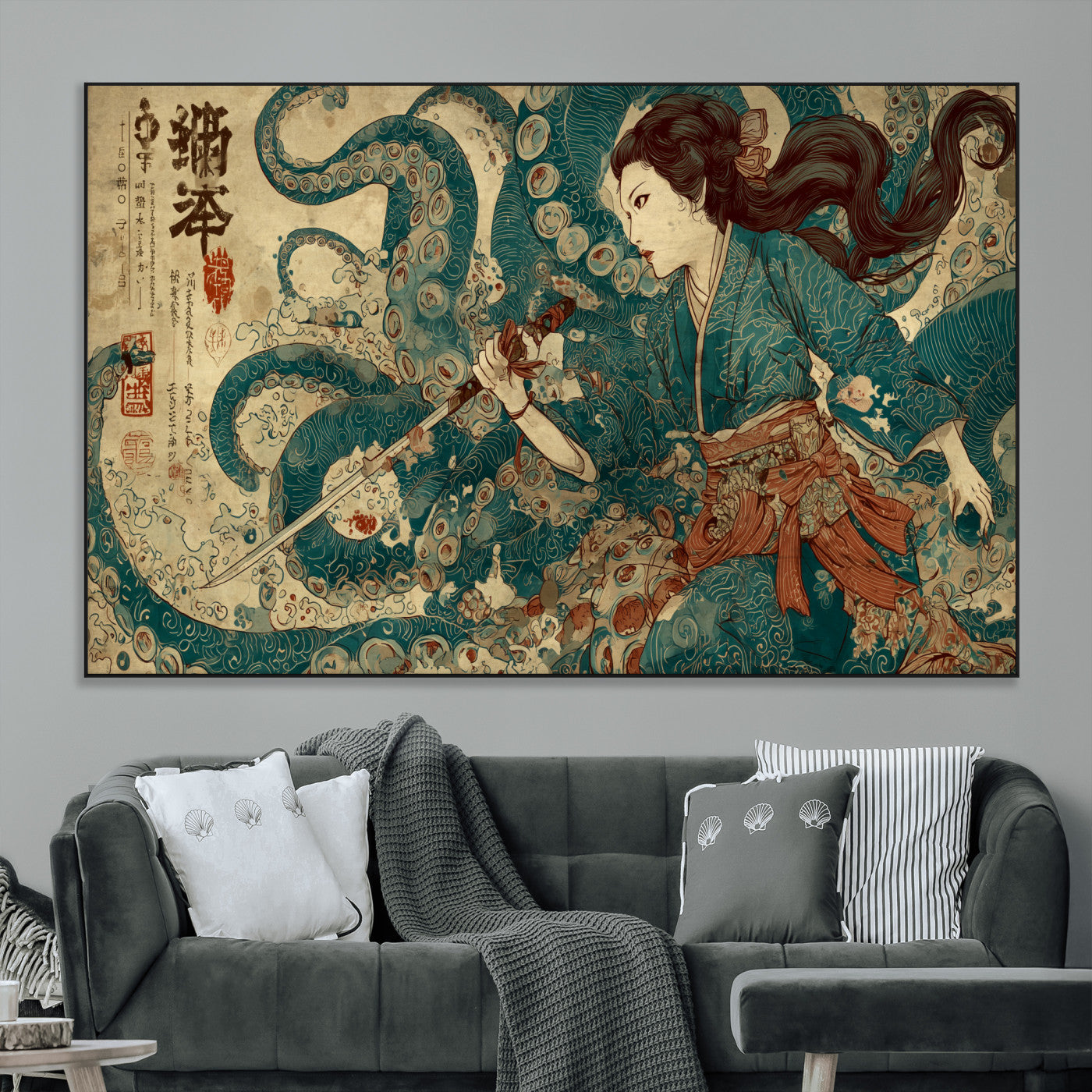 18575670-MGV-CV-36X24-Samurai Woman vs Octopus Wall Art – Japanese Ukiyo-e Ocean Battle Canvas Print, Traditional Warrior Artwork for Living Room,