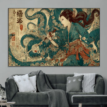 18575670-MGV-CV-36X24-Samurai Woman vs Octopus Wall Art – Japanese Ukiyo-e Ocean Battle Canvas Print, Traditional Warrior Artwork for Living Room,