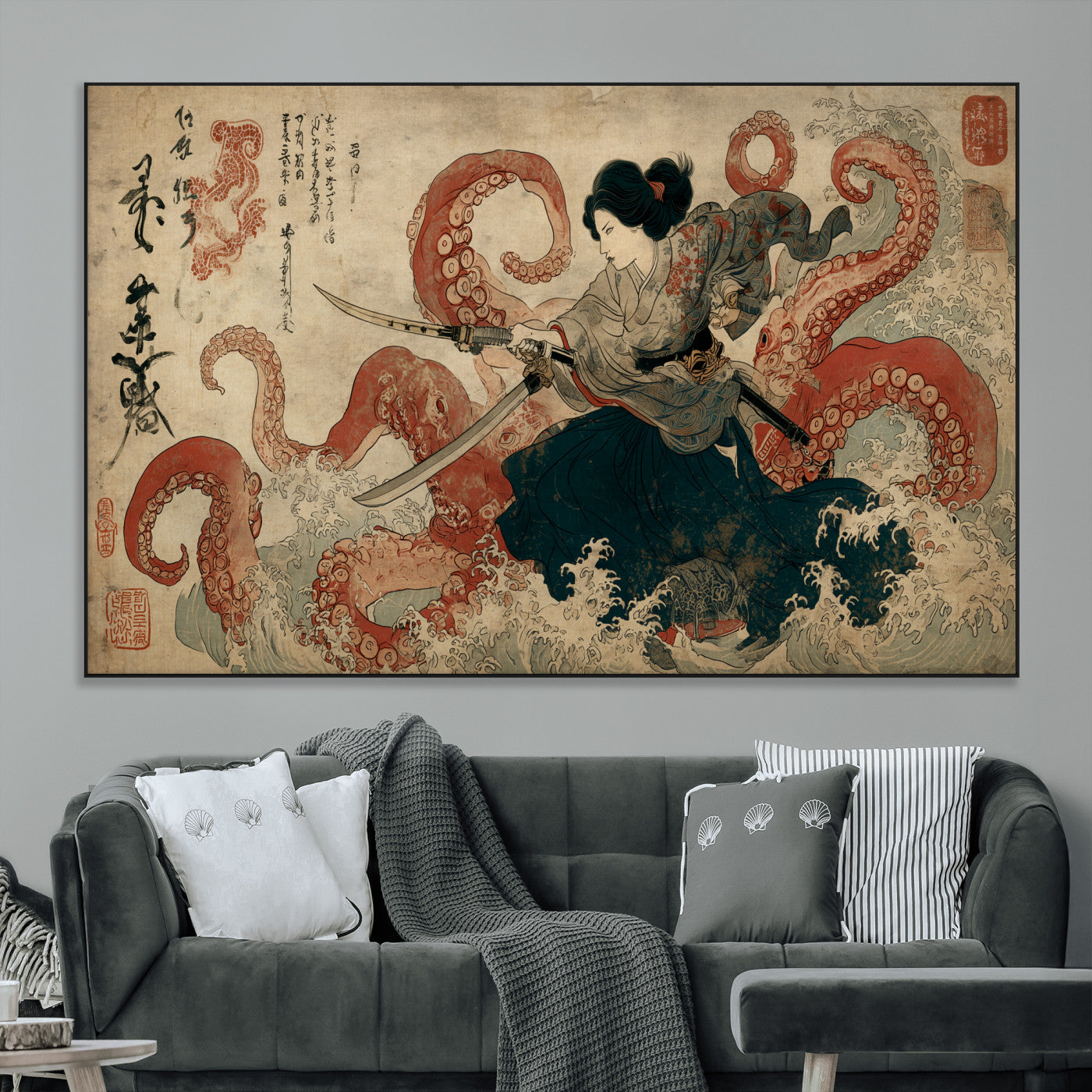 50812504-MGV-CV-36X24-Samurai Woman vs Octopus Wall Art – Japanese Ukiyo-e Red Tentacle Canvas Print, Ocean Battle Artwork for Living Room, Office, Man