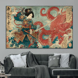 68844327-MGV-CV-36X24-Tsukioka Yoshitoshi Samurai Wall Art Print, Japanese Katana Warrior Canvas Wall Art, Octopus Sea Monster Canvas Print,