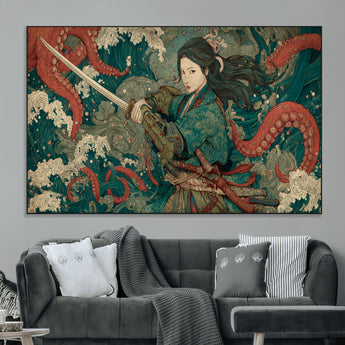 35461724-MGV-CV-36X24-Samurai Woman vs Octopus Wall Art – Japanese Ukiyo-e Ocean Waves Canvas Print, Red Tentacle Battle Artwork for Living Room,