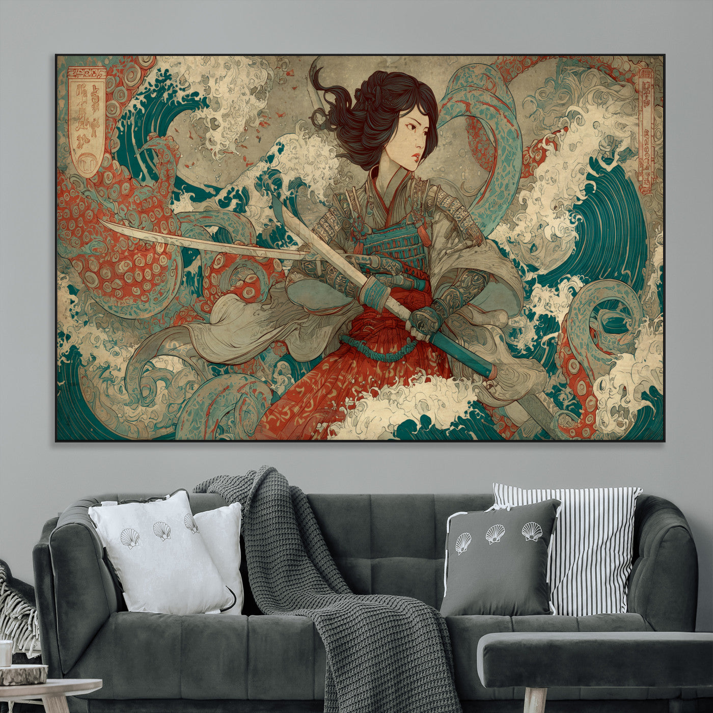 63377977-MGV-CV-36X24-Tsukioka Yoshitoshi Samurai Wall Art Print, Japanese Katana Warrior Canvas Wall Art, Octopus Sea Monster Canvas Print,