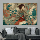 63377977-MGV-CV-36X24-Tsukioka Yoshitoshi Samurai Wall Art Print, Japanese Katana Warrior Canvas Wall Art, Octopus Sea Monster Canvas Print,