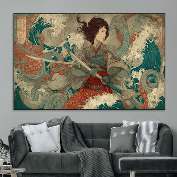 63377977-MGV-CV-36X24-Tsukioka Yoshitoshi Samurai Wall Art Print, Japanese Katana Warrior Canvas Wall Art, Octopus Sea Monster Canvas Print,