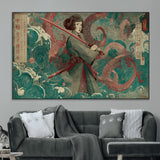 91666601-MGV-CV-36X24-Samurai Woman vs Octopus Wall Art – Japanese Ukiyo-e Green Robe Canvas Print, Ocean Battle Artwork for Living Room, Office, Man
