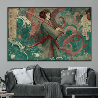 91666601-MGV-CV-36X24-Samurai Woman vs Octopus Wall Art – Japanese Ukiyo-e Green Robe Canvas Print, Ocean Battle Artwork for Living Room, Office, Man
