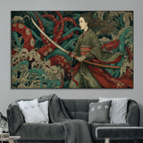 18902796-MGV-CV-36X24-Samurai Woman vs Octopus Wall Art – Japanese Ukiyo-e Green Kimono Canvas Print, Ocean Battle Scene Artwork for Living Room,