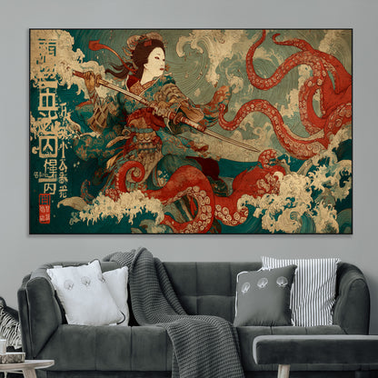 60201267-MGV-CV-36X24-Samurai Woman vs Octopus Wall Art – Japanese Ukiyo-e Armor Canvas Print, Red Tentacle Ocean Battle Artwork for Living Room,