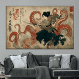 82737246-MGV-CV-36X24-Samurai Woman vs Octopus Wall Art – Japanese Ukiyo-e Dual Sword Canvas Print, Red Tentacle Ocean Battle Artwork for Living Room,