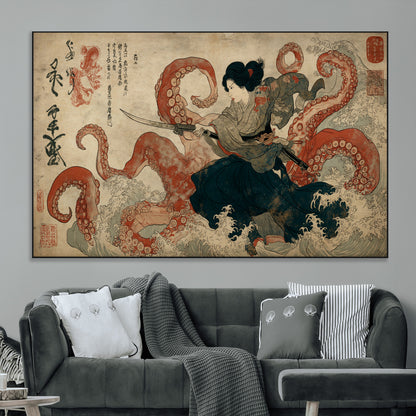 82737246-MGV-CV-36X24-Samurai Woman vs Octopus Wall Art – Japanese Ukiyo-e Dual Sword Canvas Print, Red Tentacle Ocean Battle Artwork for Living Room,