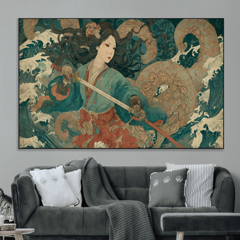 79740258-MGV-CV-36X24-Samurai Woman vs Octopus Wall Art – Japanese Ukiyo-e Blue Kimono Canvas Print, Ocean Battle Artwork for Living Room, Office, Man