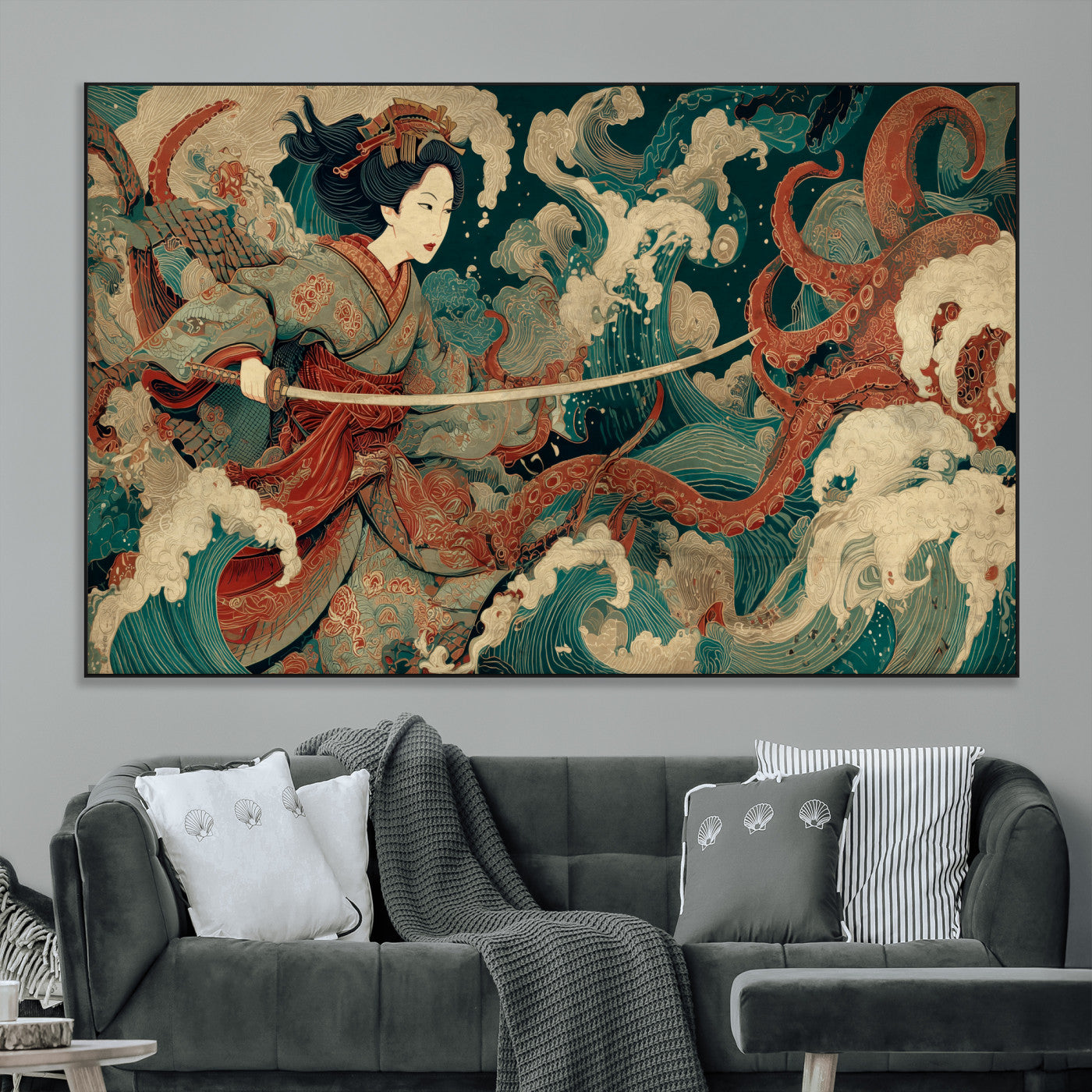 30212982-MGV-CV-36X24-Samurai Woman vs Octopus Wall Art – Japanese Ukiyo-e Style Warrior and Sea Monster Canvas Print, Mythology Inspired Artwork for
