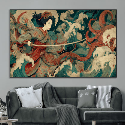 30212982-MGV-CV-36X24-Samurai Woman vs Octopus Wall Art – Japanese Ukiyo-e Style Warrior and Sea Monster Canvas Print, Mythology Inspired Artwork for