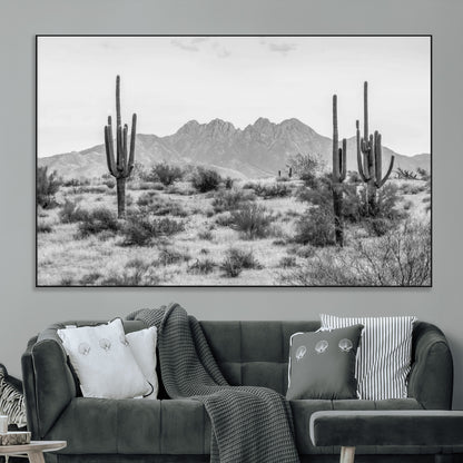 97436PHN-SEG-FC-51X34_Oversize_Oversize-Desert Landscape Wall Art – Black and White Cactus and Mountain Canvas Print, Southwestern Nature Photography for Living Room,