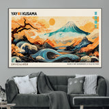94085549-MGV-CV-36X24-Yayoi Kusama Inspired Japanese Landscape Art Print – Vibrant Mount Fuji, Waves & Autumn Trees, Modern Decorative Poster for