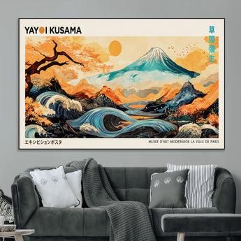 94085549-MGV-CV-36X24-Yayoi Kusama Inspired Japanese Landscape Art Print – Vibrant Mount Fuji, Waves & Autumn Trees, Modern Decorative Poster for