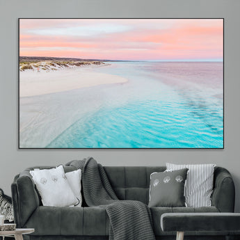 41613614-MGV-CV-36X24-Beach Sunset Wall Art – Pastel Ocean Canvas Print, Turquoise Water and Pink Sky Photography Decor for Bedroom, Living Room, Office