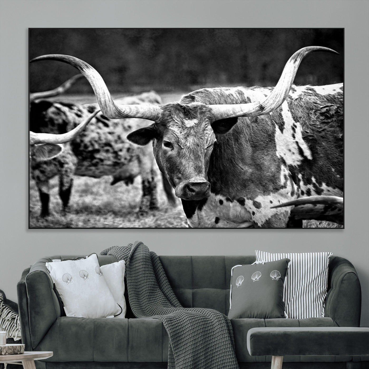 15425553-MGV-CV-36X24-Western Wall Art – Longhorn Cattle Black and White Canvas Print, Rustic Ranch Photography Decor for Bedroom, Living Room, Office,