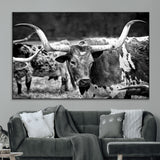 15425553-MGV-CV-36X24-Western Wall Art – Longhorn Cattle Black and White Canvas Print, Rustic Ranch Photography Decor for Bedroom, Living Room, Office,