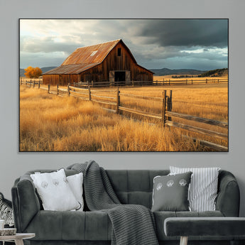 16480179-MGV-CV-36X24-Farmhouse Wall Art – Rustic Barn and Golden Field Canvas Print, Country Landscape Photography Decor for Bedroom, Living Room,