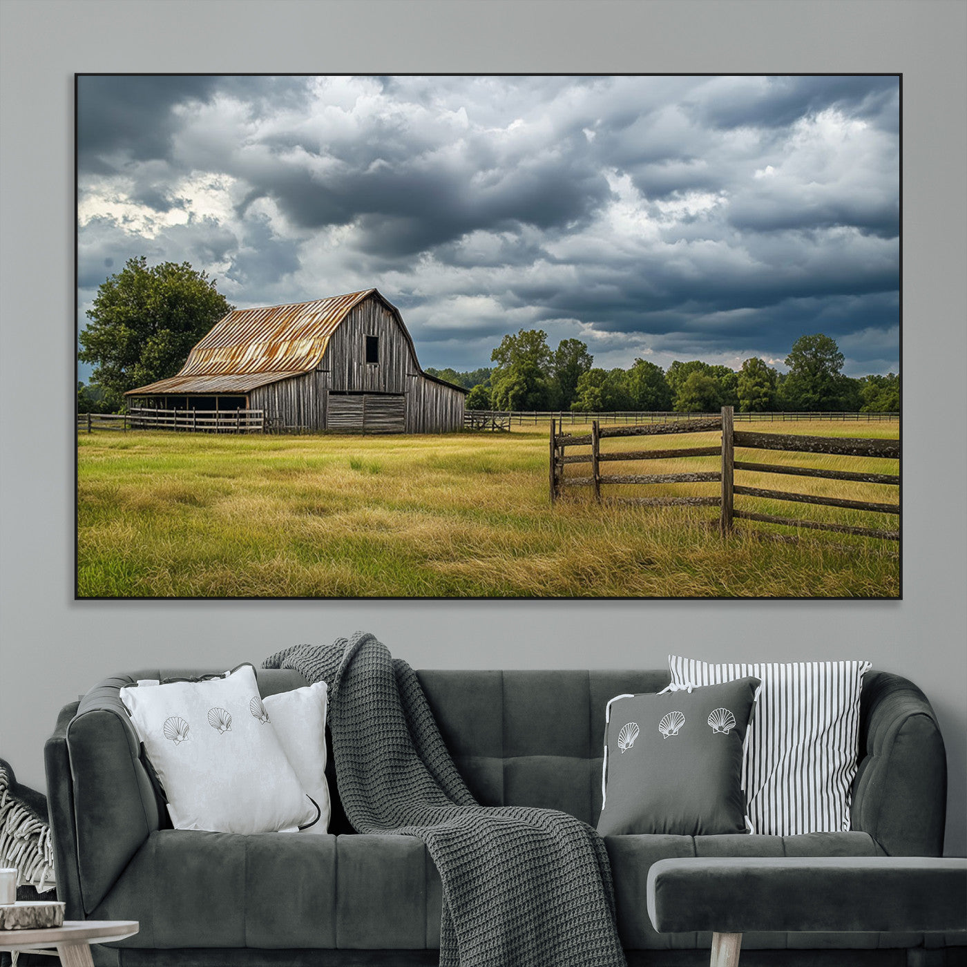 39409517-MGV-CV-36X24-Rustic Barn Wall Art – Weathered Farmhouse and Storm Clouds Canvas Print, Country Landscape Photography Decor for Bedroom, Living