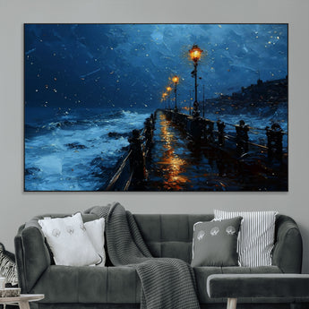 48300530-MGV-CV-36X24-Night Pier Wall Art – Moody Ocean Boardwalk Canvas Print, Impressionist Coastal Seascape Painting Decor for Living Room, Office,