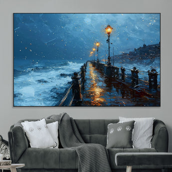 93793246-MGV-CV-36X24-Stormy Night Pier Canvas Wall Art – Moody Ocean Landscape with Lights, Blue Coastal Seascape Print for Bedroom, Living Room,