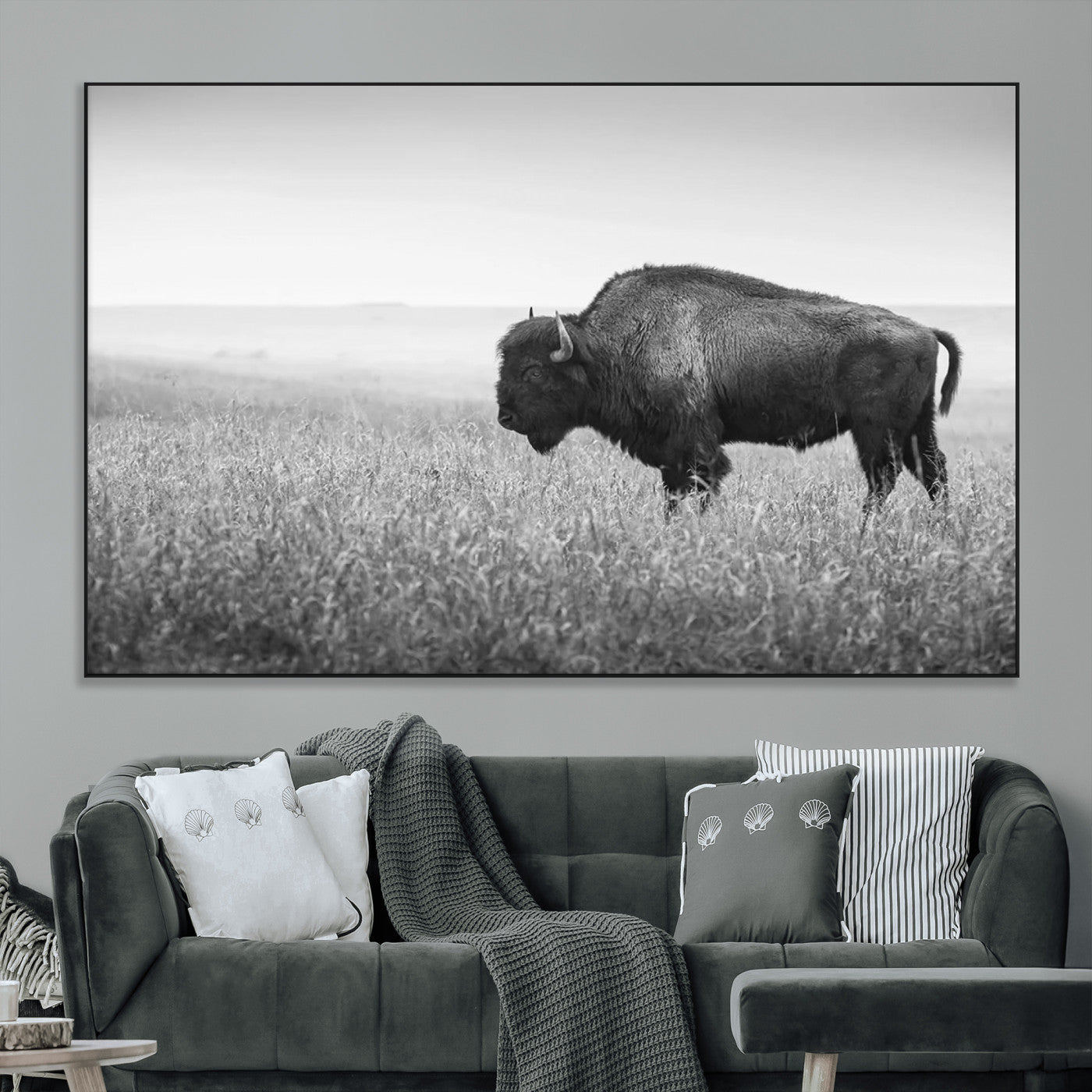 90861202-MGV-CV-36X24-Black and White Bison Canvas Wall Art – Rustic American Buffalo Print, Western Wildlife Photography for Farmhouse, Cabin, Office