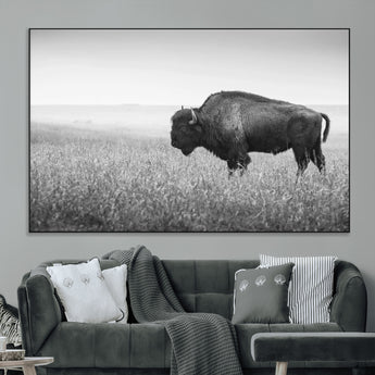 90861202-MGV-CV-36X24-Black and White Bison Canvas Wall Art – Rustic American Buffalo Print, Western Wildlife Photography for Farmhouse, Cabin, Office