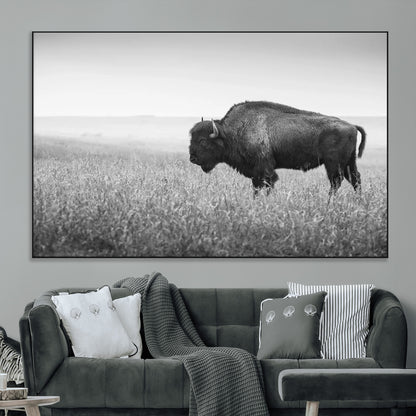 90861202-MGV-CV-36X24-Black and White Bison Canvas Wall Art – Rustic American Buffalo Print, Western Wildlife Photography for Farmhouse, Cabin, Office