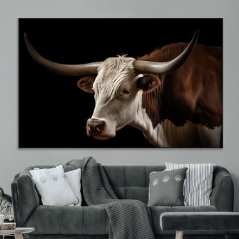 27414857-MGV-CV-36X24-Texas Longhorn Bull Canvas Wall Art – Rustic Western Farmhouse Decor, Brown & White Cow Portrait, Animal Print for Ranch Home