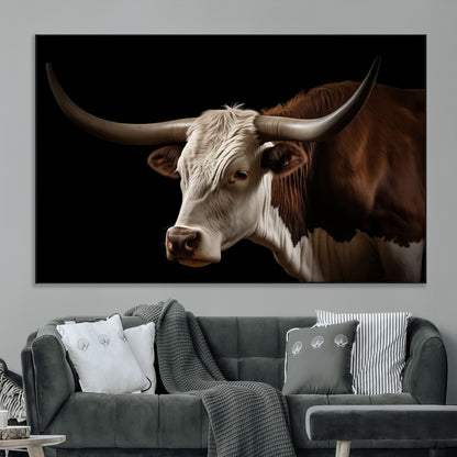 27414857-MGV-CV-36X24-Texas Longhorn Bull Canvas Wall Art – Rustic Western Farmhouse Decor, Brown & White Cow Portrait, Animal Print for Ranch Home